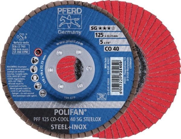 PFERD POLIFAN CO-COOL SG STEELOX Ø 115 mm Körnung 40 konisch Fächerscheibe