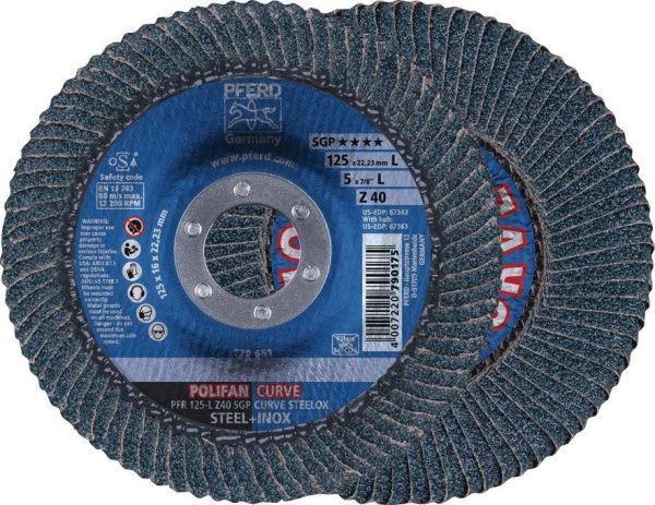 PFERD POLIFAN Z SGP CURVE STEELOX Ø 125 mm Körnung 40 konisch Fächerscheibe